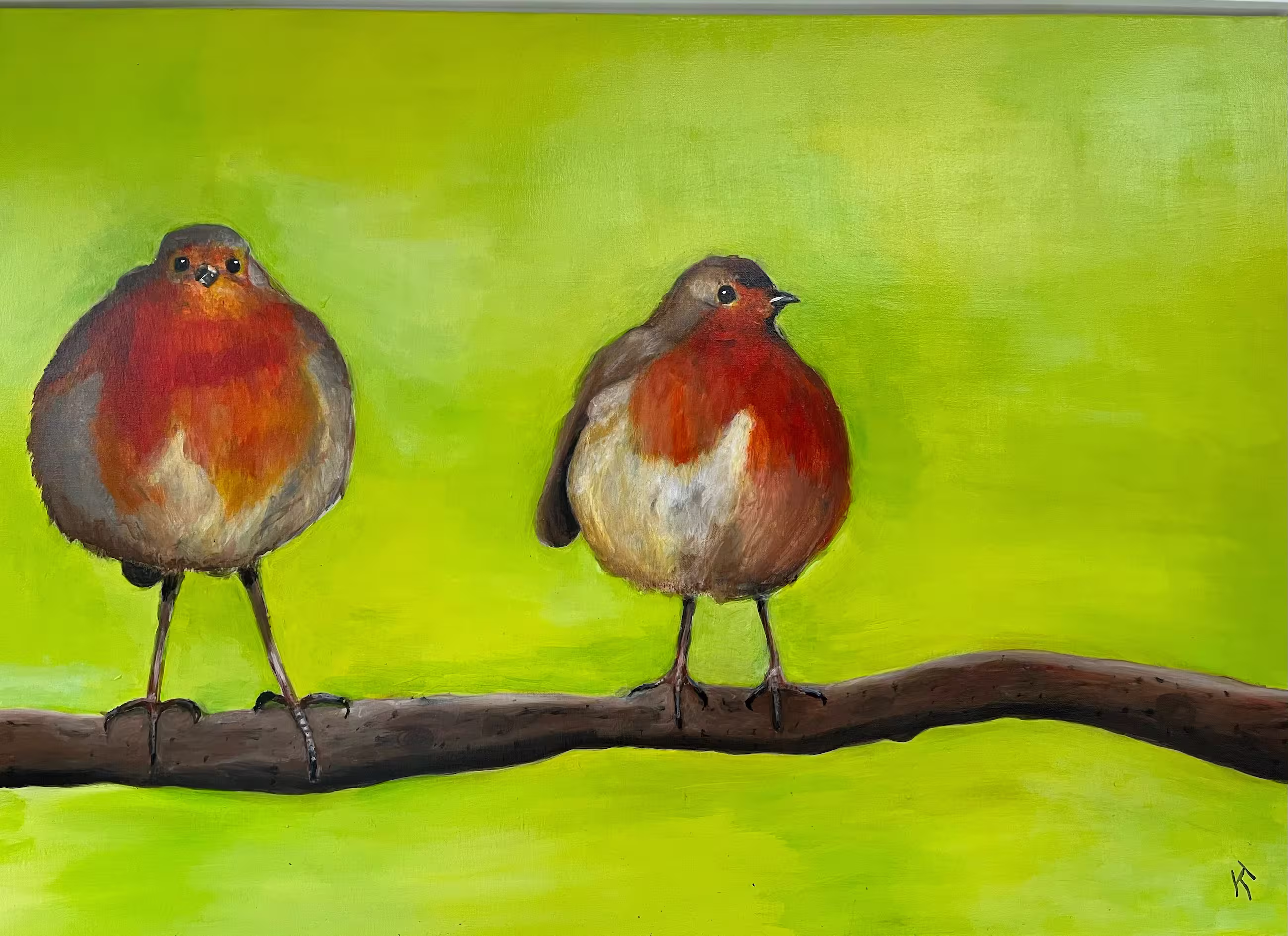 Twee dikke roodborstjes - Acryl op canvas Twee dikke roodborstjes - Acryl op canvas